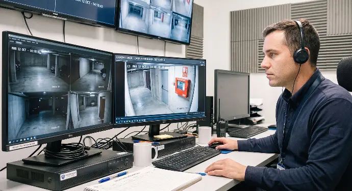 Técnico de seguridad revisando grabaciones de cámaras