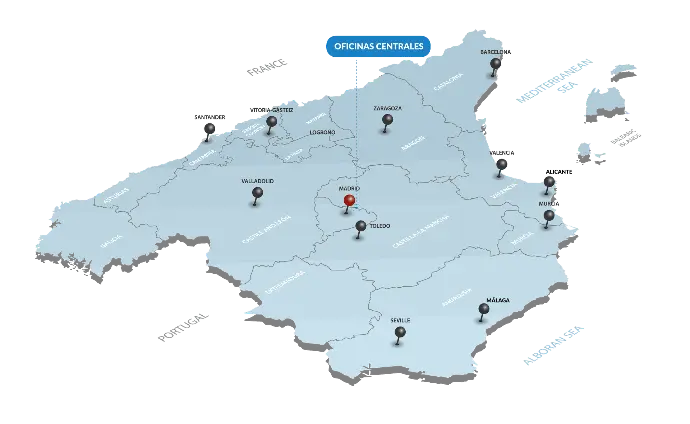 Mapa de oficinas de Altatec Seguridad en España con cobertura nacional para la protección de edificios y zonas residenciales