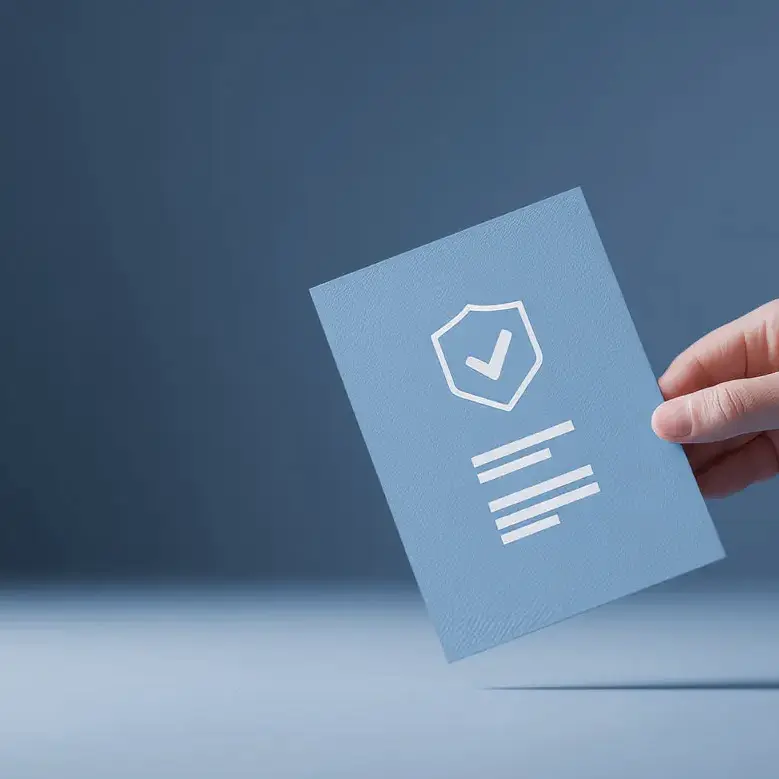 Mano sosteniendo tarjeta azul con icono de escudo y marca de verificación, simbolizando confianza y garantías en servicios de seguridad