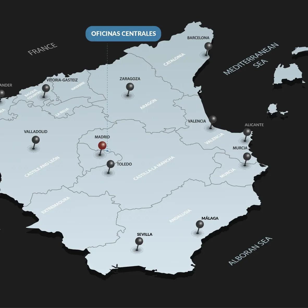 Mapa de oficinas de Altatec Seguridad en España con cobertura nacional para la protección de edificios y zonas residenciales
